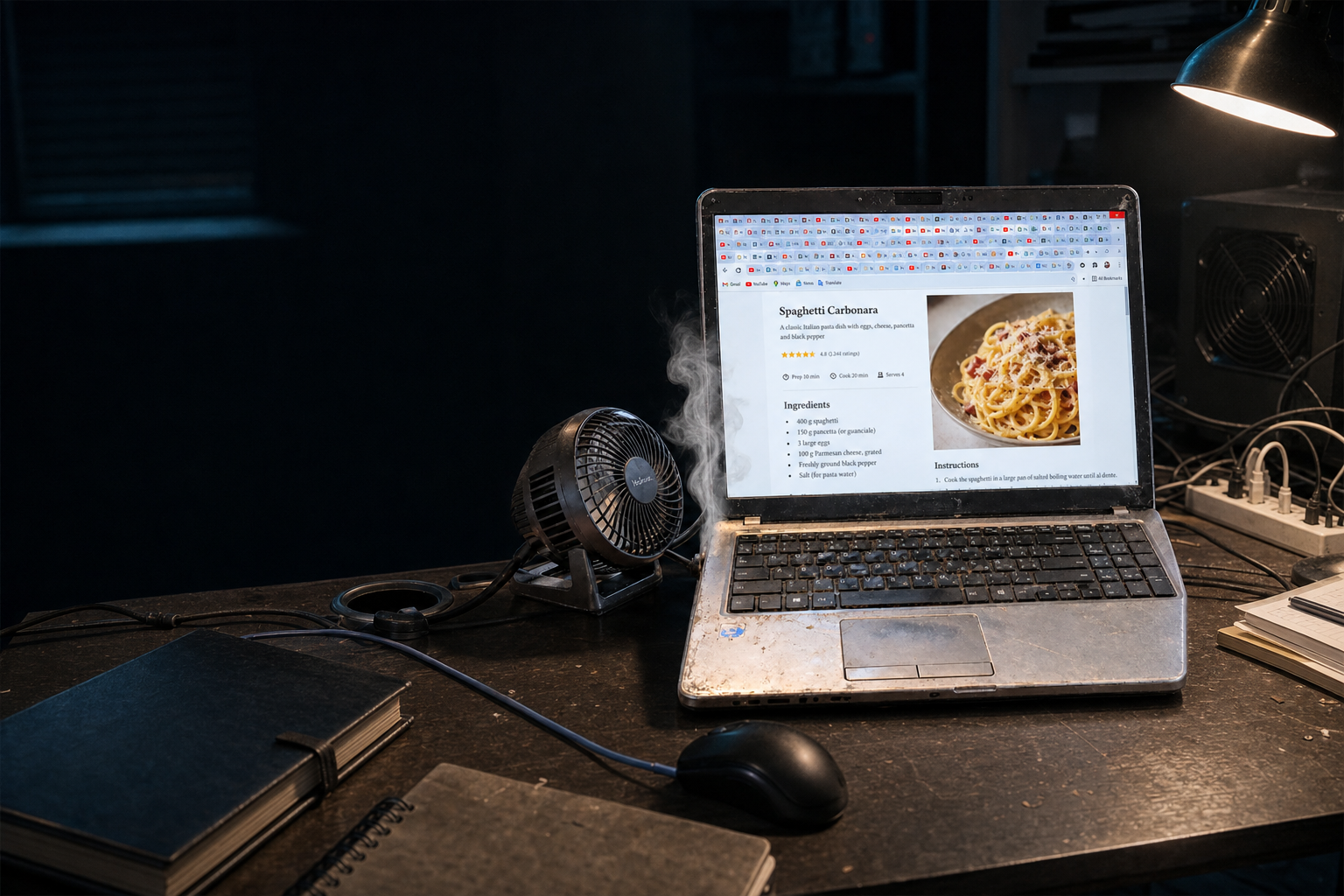 The same smoking laptop and desk fan on a dark, cluttered desk under a lamp at night